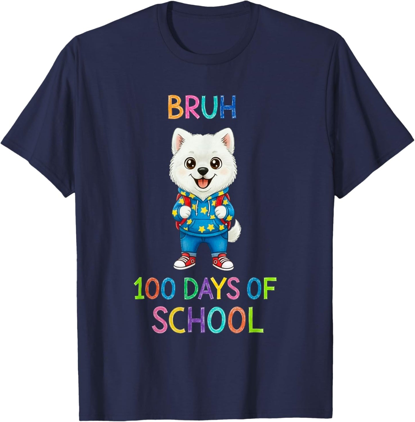 Bruh 100 Days of School Funny Kids Boys Girls Dog T-Shirt - T-Shirt | Navy