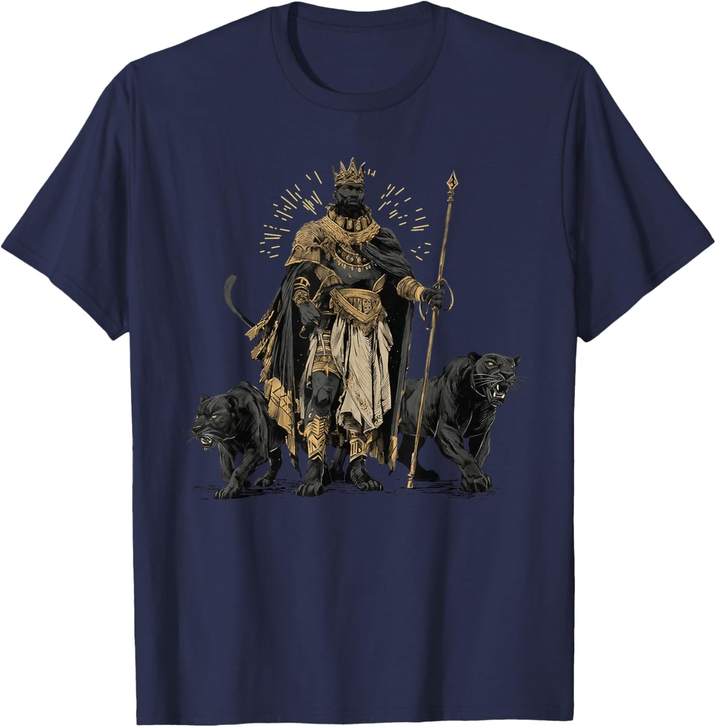 African King with Panther Guardian Fantasy Art T-Shirt - T-Shirt | Navy