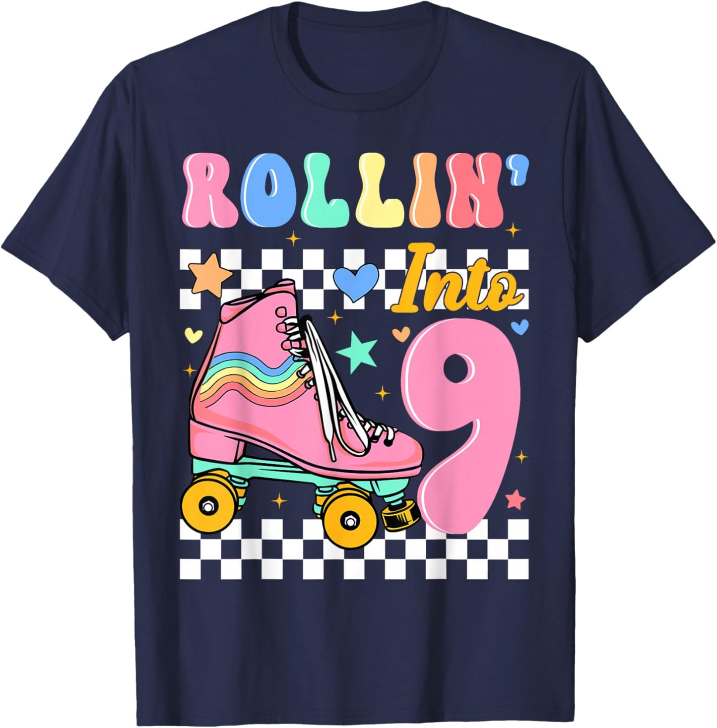 Rollin' Into 9 Years Old Roller Skating Girl 9th Birthday T-Shirt - T-Shirt | Navy
