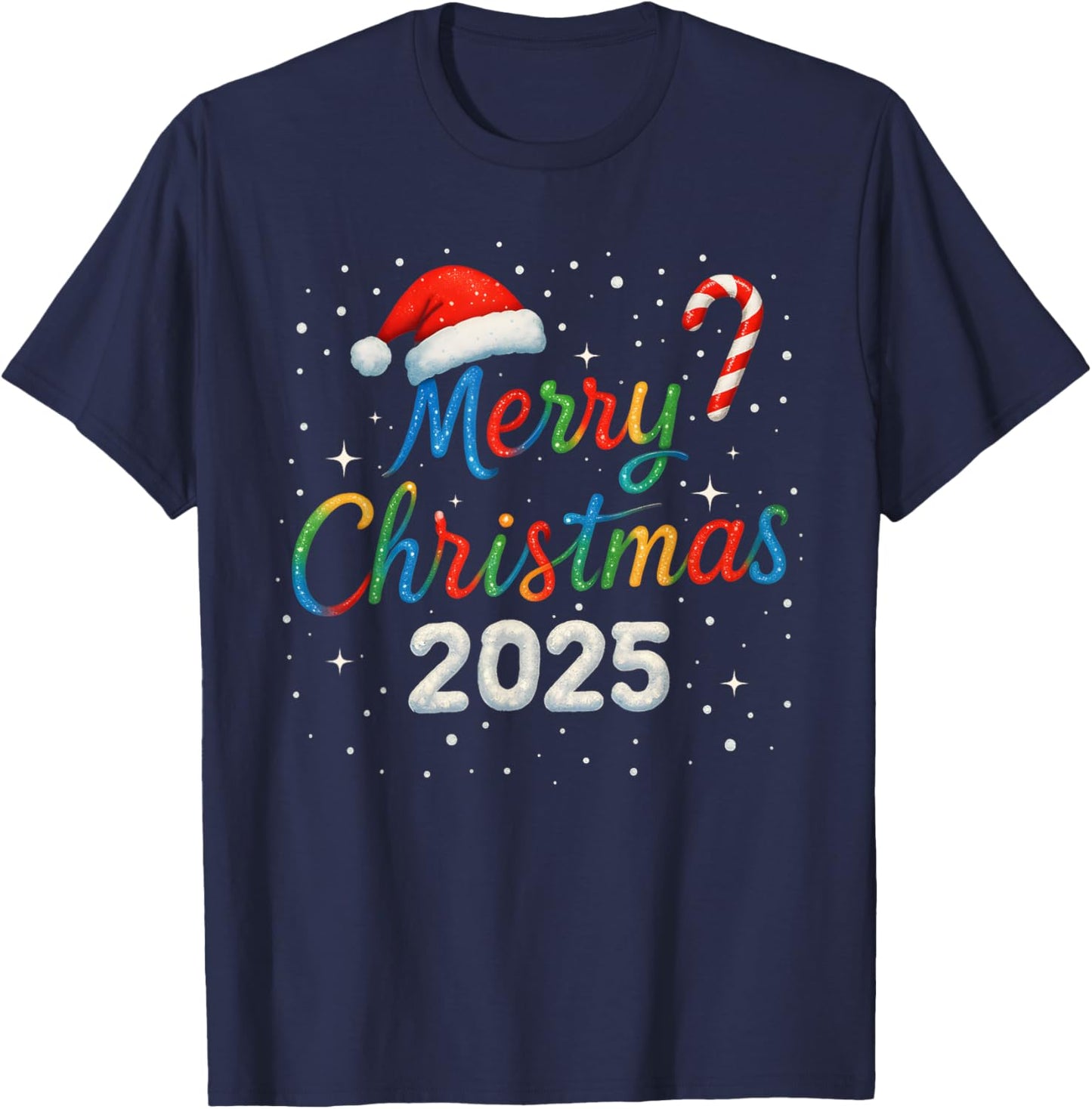 Merry Christmas 2025 Colorful Holiday Lights Family Matching T-Shirt - T-Shirt | Navy