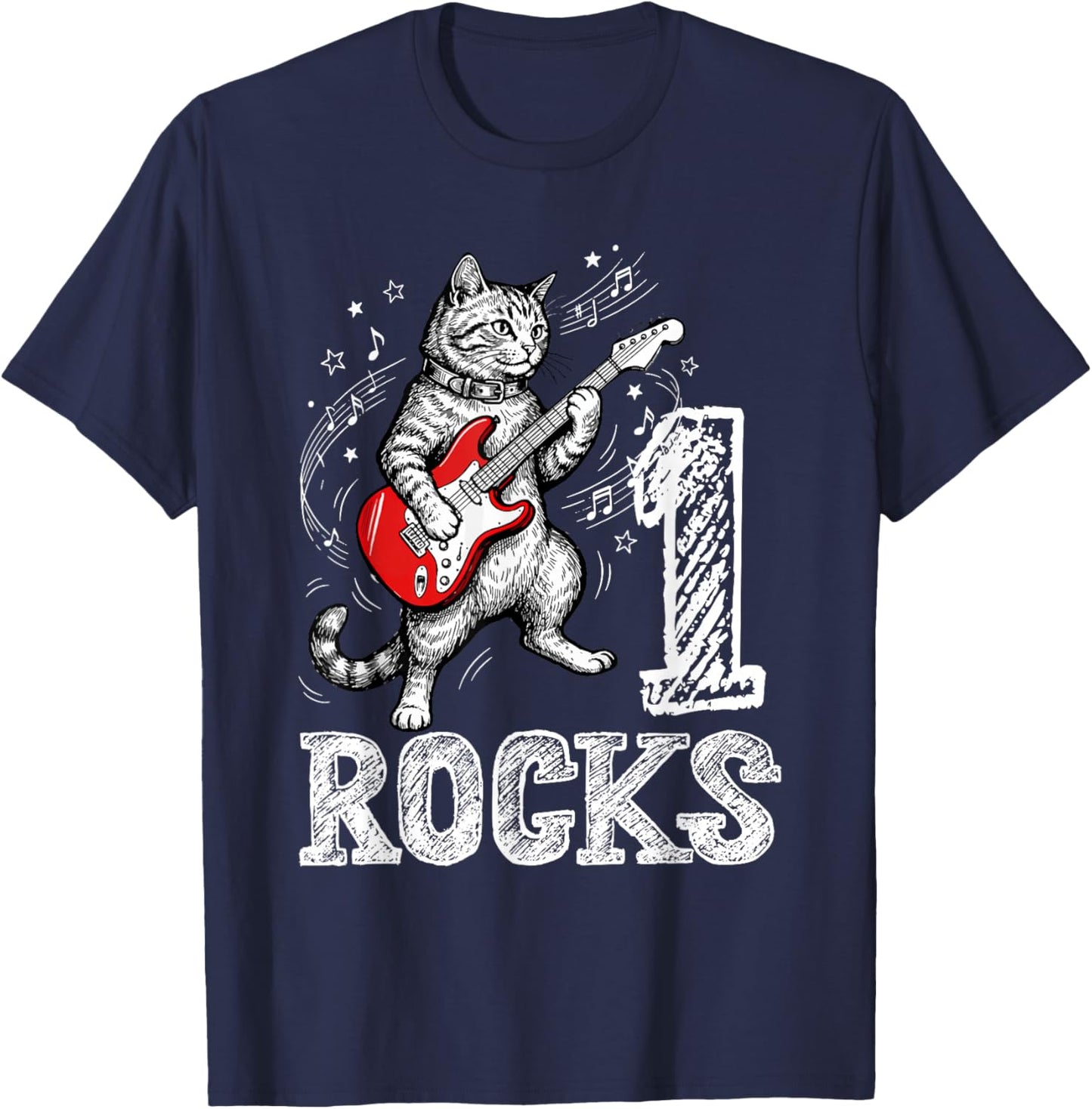 Funny Cat Playing Guitar 1 Rocks 1st Birthday Kids Gift T-Shirt - T-Shirt | Navy