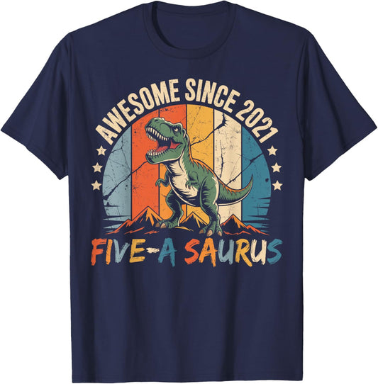 5 Year Old Dinosaur 5th Birthday Five Saurus Boys Kids T-Shirt - T-Shirt | Navy