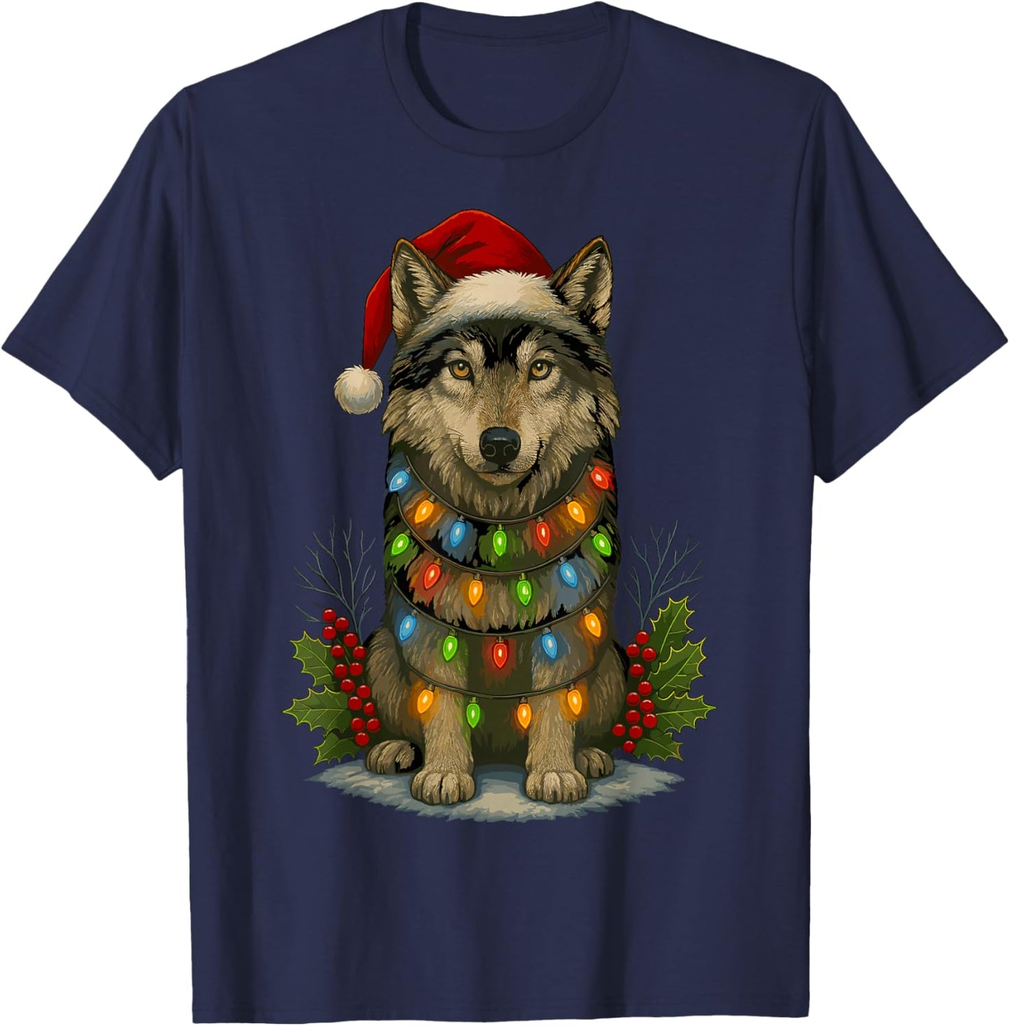 Wolf with Christmas Hat T-Shirt - T-Shirt | Navy