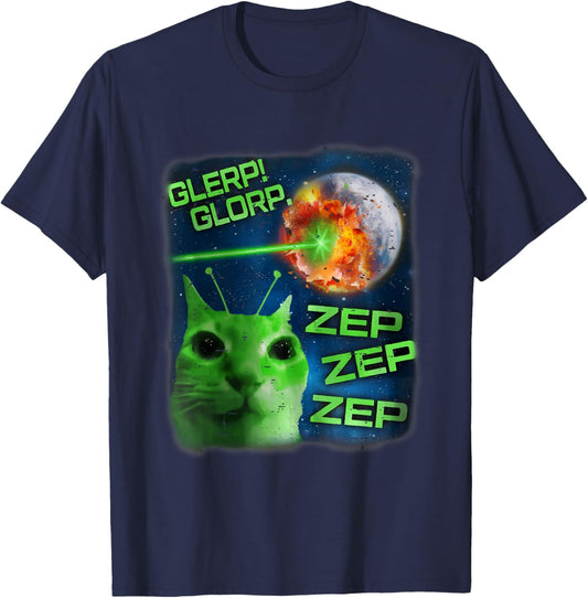 Vintage Glerp Glorp Alien Cat Meme Funny Brainrot Cat Lover T-Shirt - T-Shirt | Navy