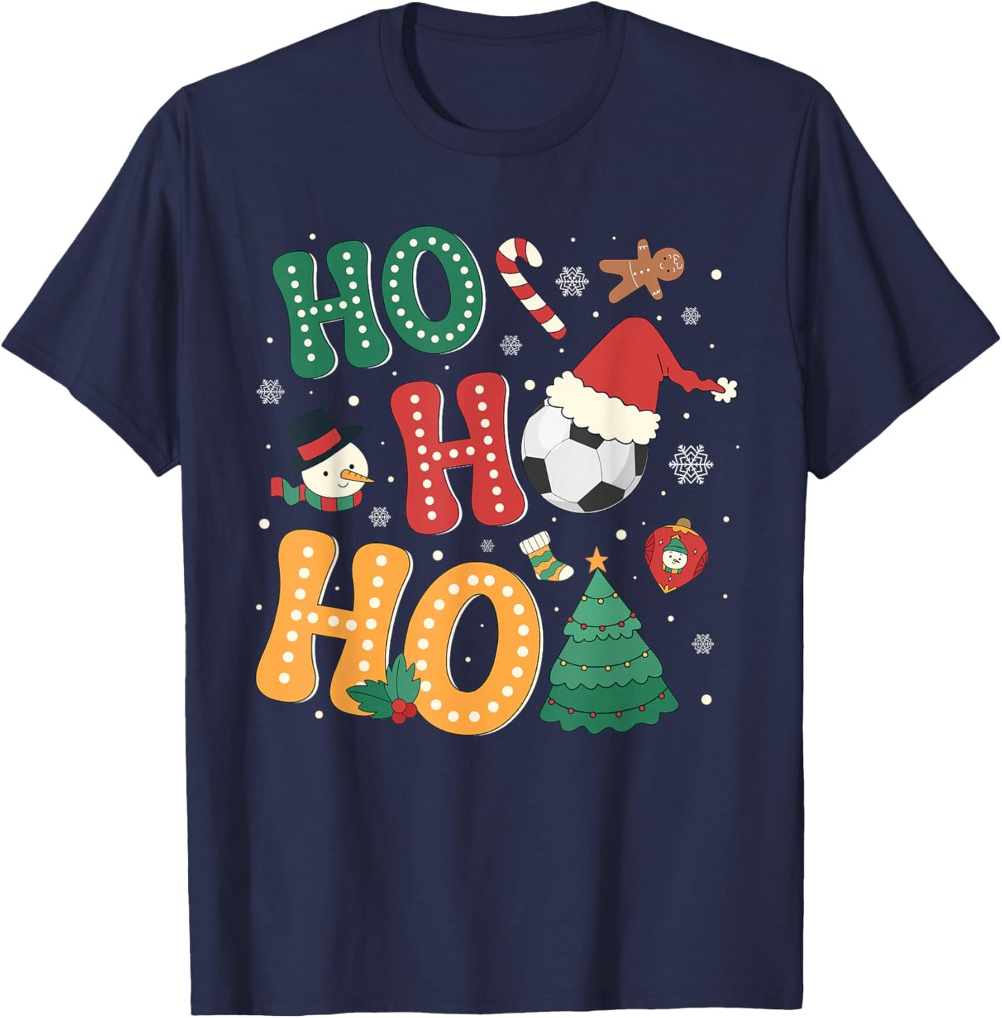 Ho Ho Ho Soccer Sport Balls Christmas Tree Lights Apparel T-Shirt - T-Shirt | Navy