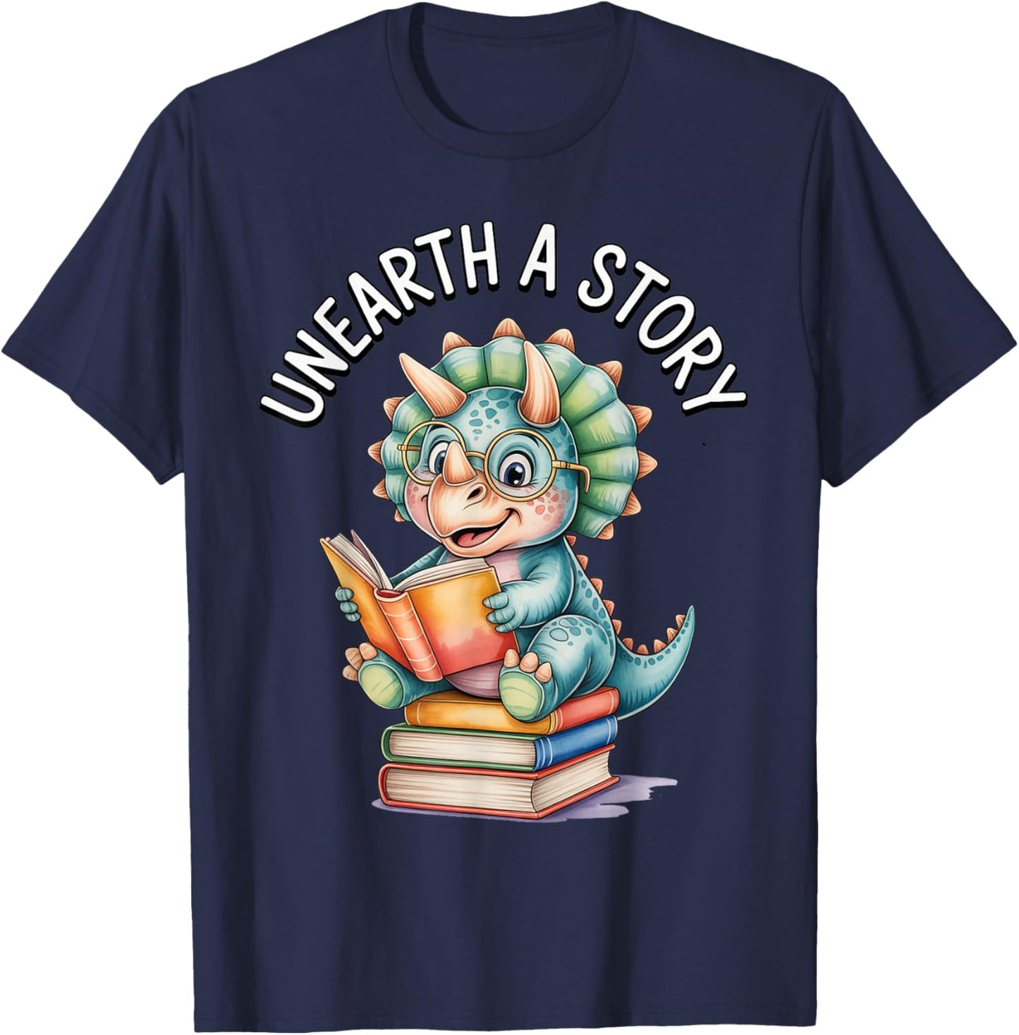 Unearth a Story Triceratops Reading Dinosaur Summer 2026 T-Shirt - T-Shirt | Navy
