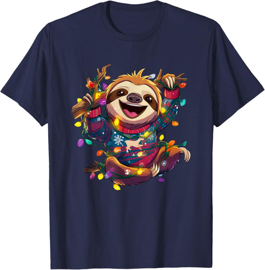Colorful Sloth with Christmas Light and Xmas Sweater T-Shirt - T-Shirt | Navy
