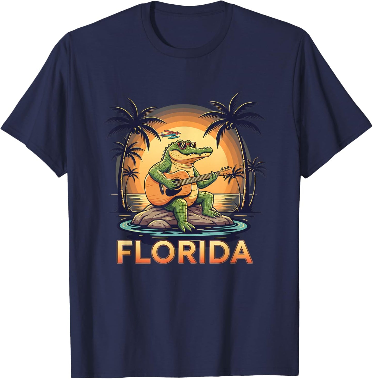 US States Florida Gator Sunset, & Palm Tree T-Shirt - T-Shirt | Navy
