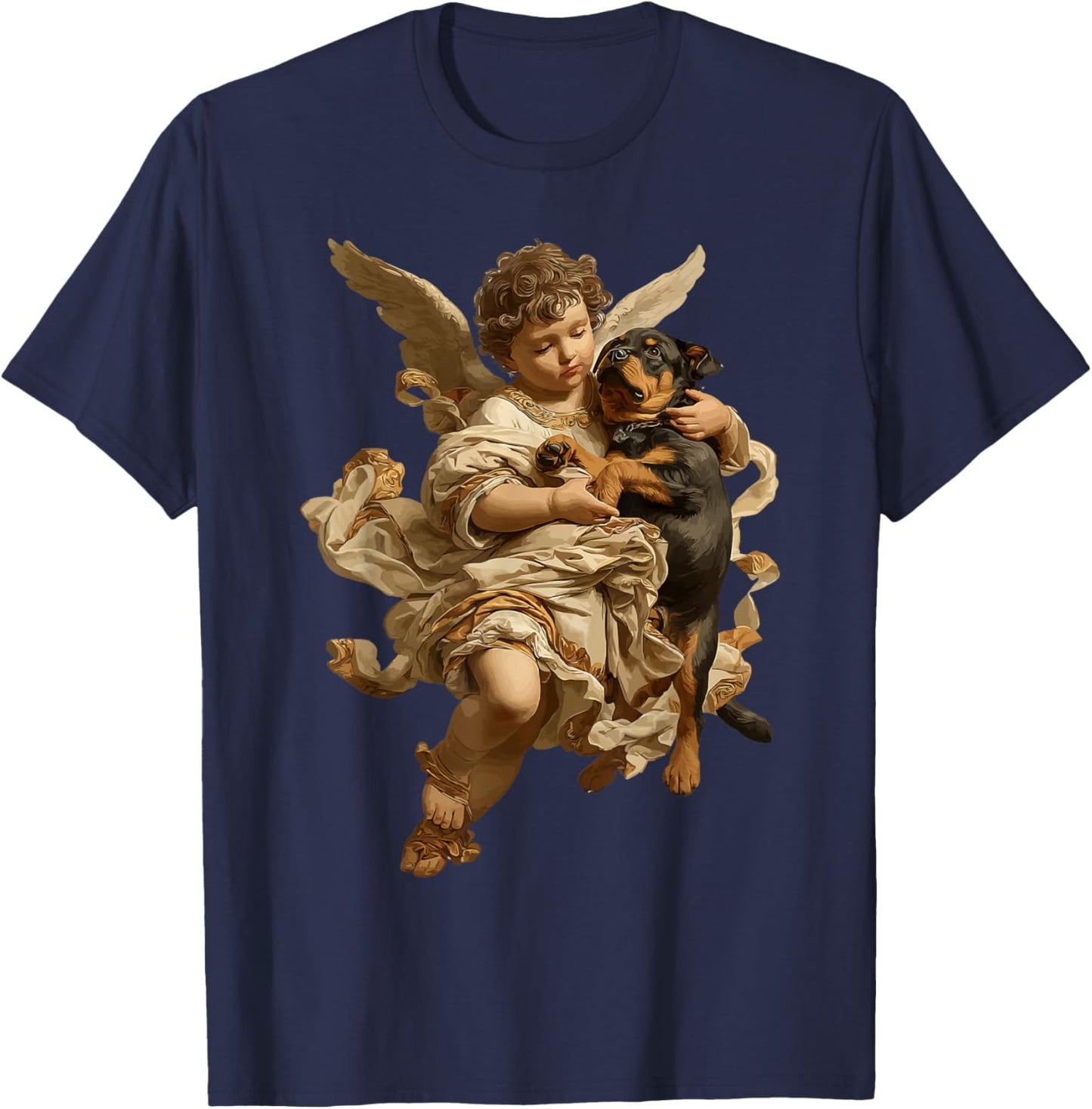 Cherub Angel with Rottweiler Dog Baroque Renaissance Art T-Shirt - T-Shirt | Navy