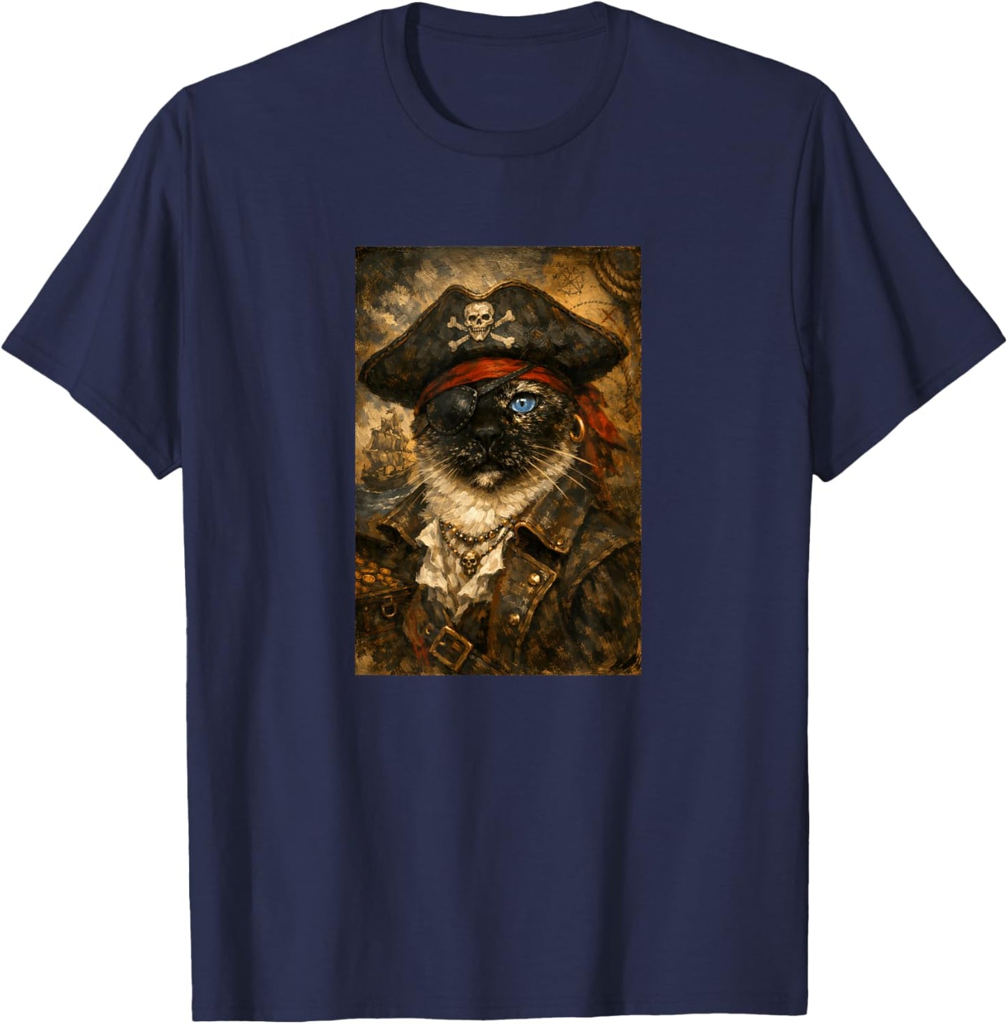 Funny Pirate Cat Vintage Oil Painting Portrait Eye Patch T-Shirt - T-Shirt | Navy