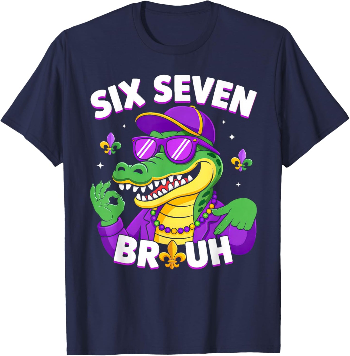 67 Mardi Gras Alligator Mardigator Six Seven Bruh Boys 6 7 T-Shirt - T-Shirt | Navy
