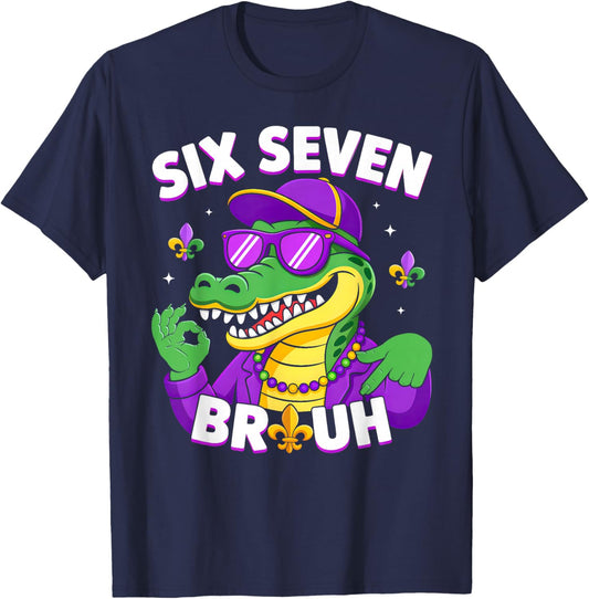 67 Mardi Gras Alligator Mardigator Six Seven Bruh Boys 6 7 T-Shirt - T-Shirt | Navy