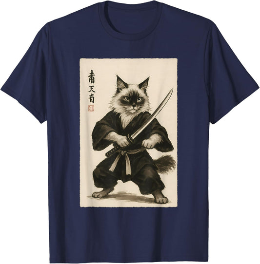Samurai Birman Cat Warrior - Vintage Graphic Japanese Art T-Shirt - T-Shirt | Navy