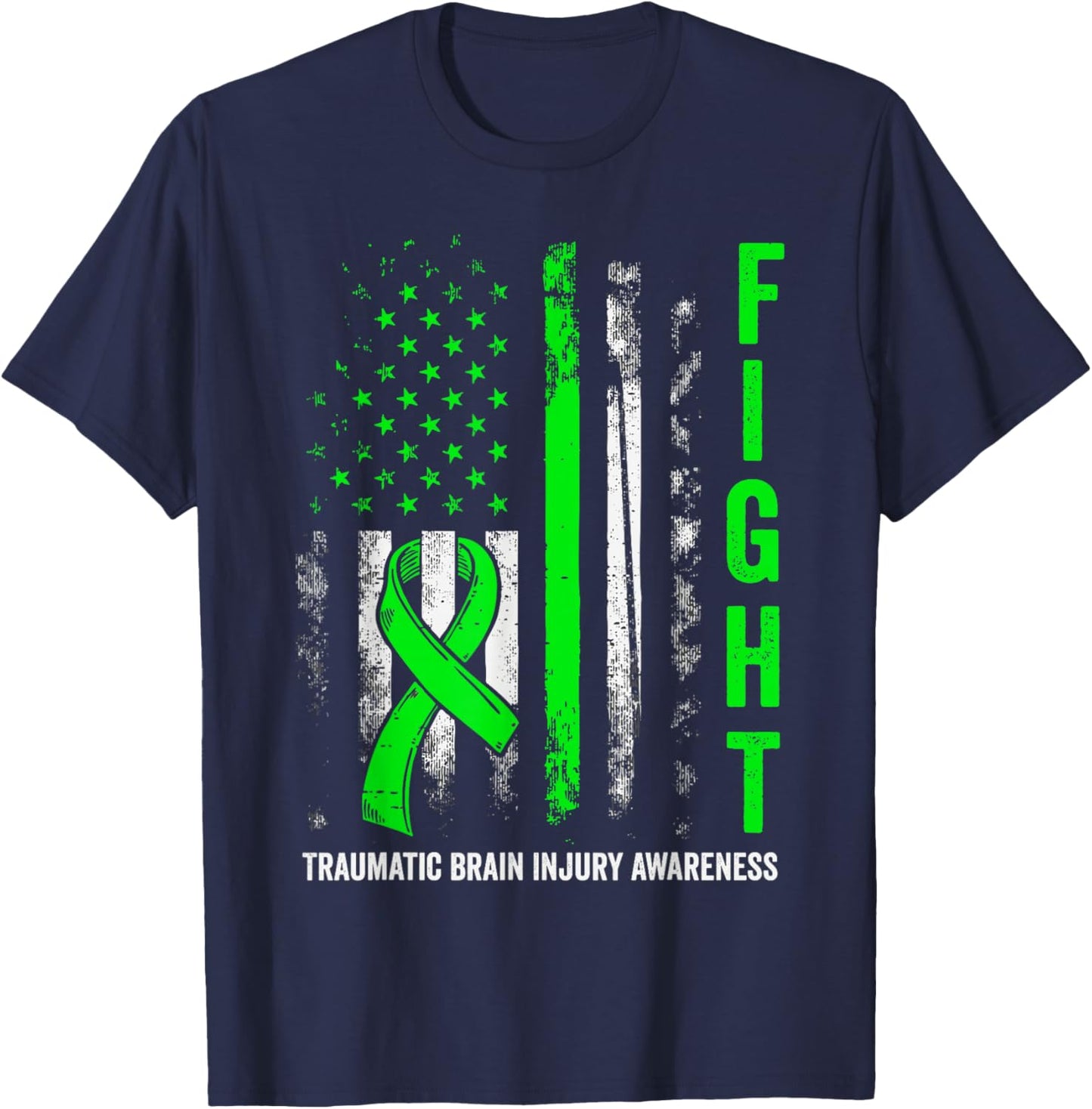 American US Flag Fight Traumatic Brain Injury Awareness T-Shirt - T-Shirt | Navy
