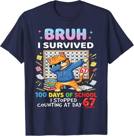 Bruh I Survived 100 Days of School Hundred Dabbing Cat T-Shirt - T-Shirt | Navy