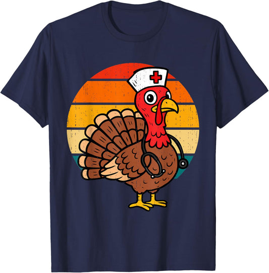 Turkey Nurse Stethoscope Fall Thanksgiving Scrub Top RN ICU T-Shirt - T-Shirt | Navy