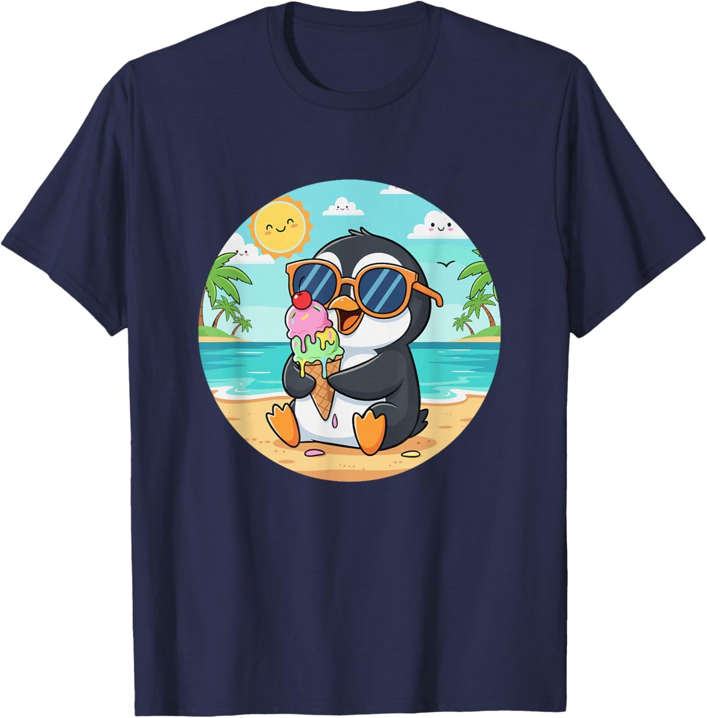 Kawaii Beach Penguin with Sunglasses and Ice Cream T-Shirt - T-Shirt | Navy