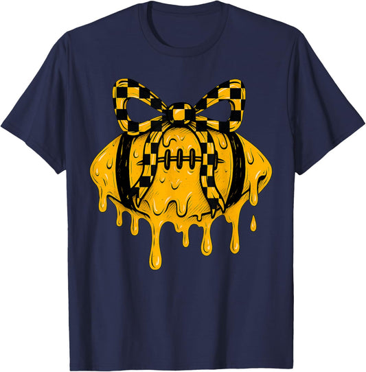 Coquette Bow Football Drip Gold Black Cheer Mom Touchdown T-Shirt - T-Shirt | Navy