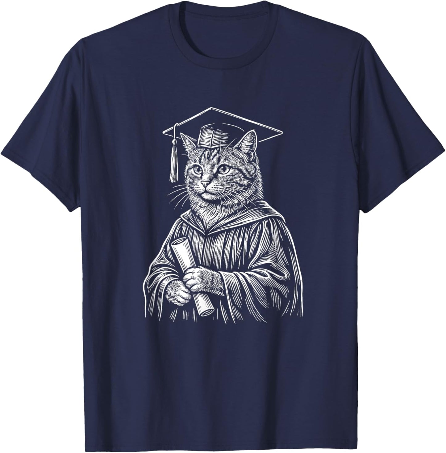 Cat Wearing Graduation Cap Gown with Diploma Funny T-Shirt - T-Shirt | Navy