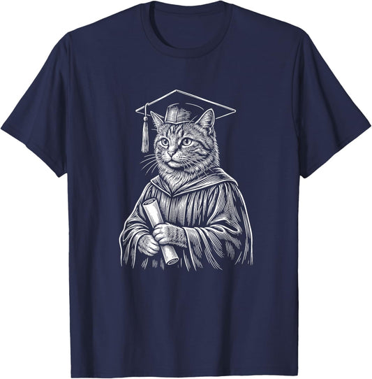 Cat Wearing Graduation Cap Gown with Diploma Funny T-Shirt - T-Shirt | Navy