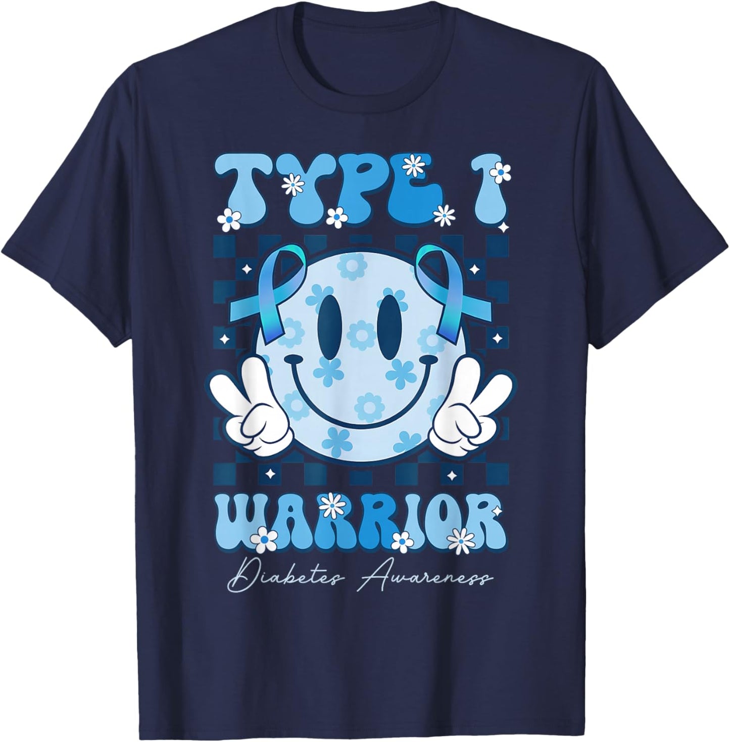 T1D Warrior Type 1 Diabetes Awareness Blue Ribbon Cute Face T-Shirt - T-Shirt | Navy
