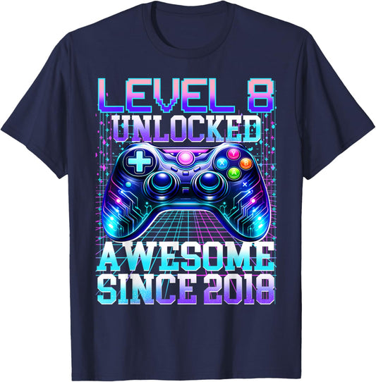 8th Birthday Boys Gamer Level 8 Unlocked Awesome 2018 Bday T-Shirt - T-Shirt | Navy