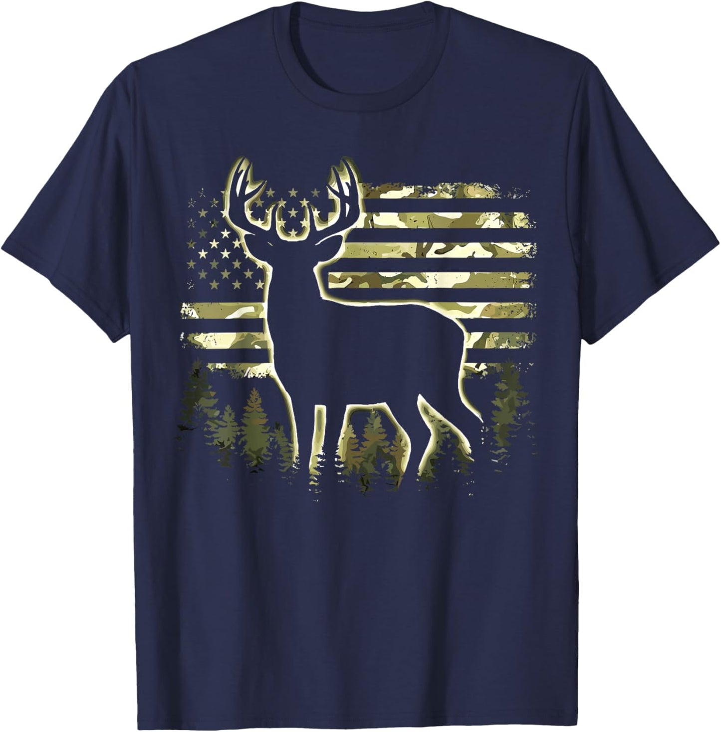 Deer US Flag Camo Hunting T-Shirt - T-Shirt | Navy