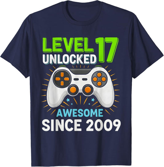 Level 17 Unlocked Awesome Since 2009 Gaming Birthday 17th T-Shirt - T-Shirt | Navy