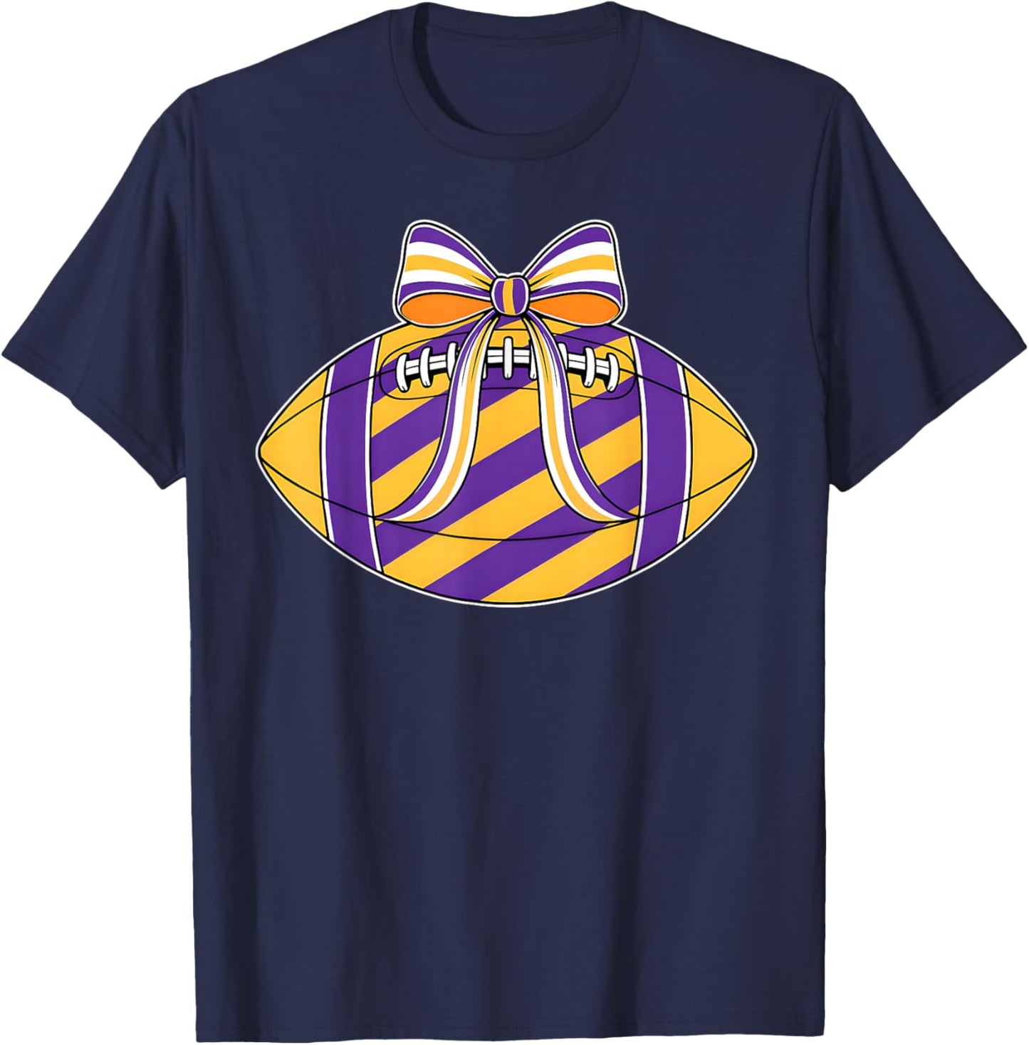 Purple Yellow Football Coquette Bow Game Day Football Mom T-Shirt - T-Shirt | Navy