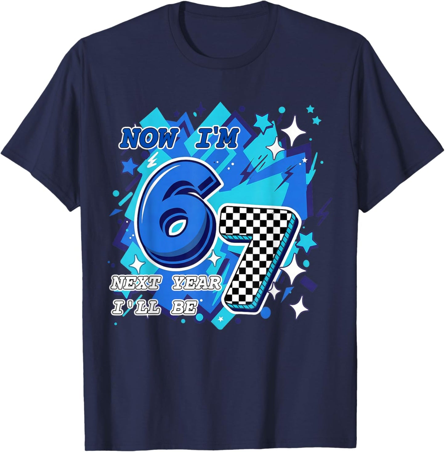 Blue Checkered Now I'm 6 Next Year I'll be 7 Birthday Boy T-Shirt - T-Shirt | Navy