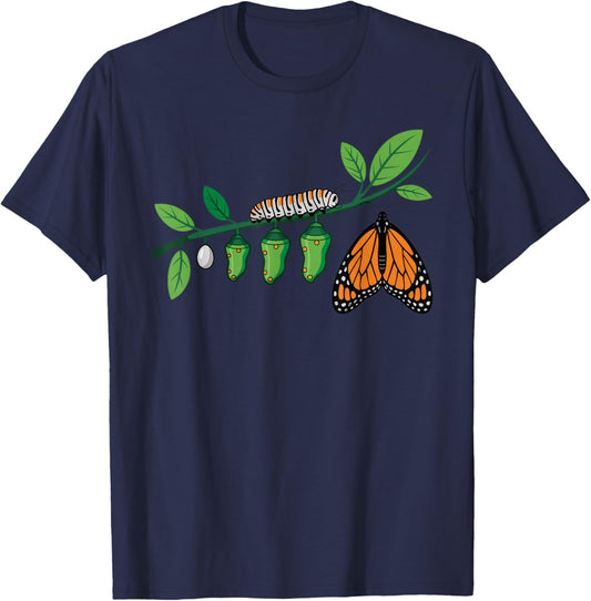 Monarch Butterfly Caterpillar Lifecycle Metamorphosis T-Shirt - T-Shirt | Navy