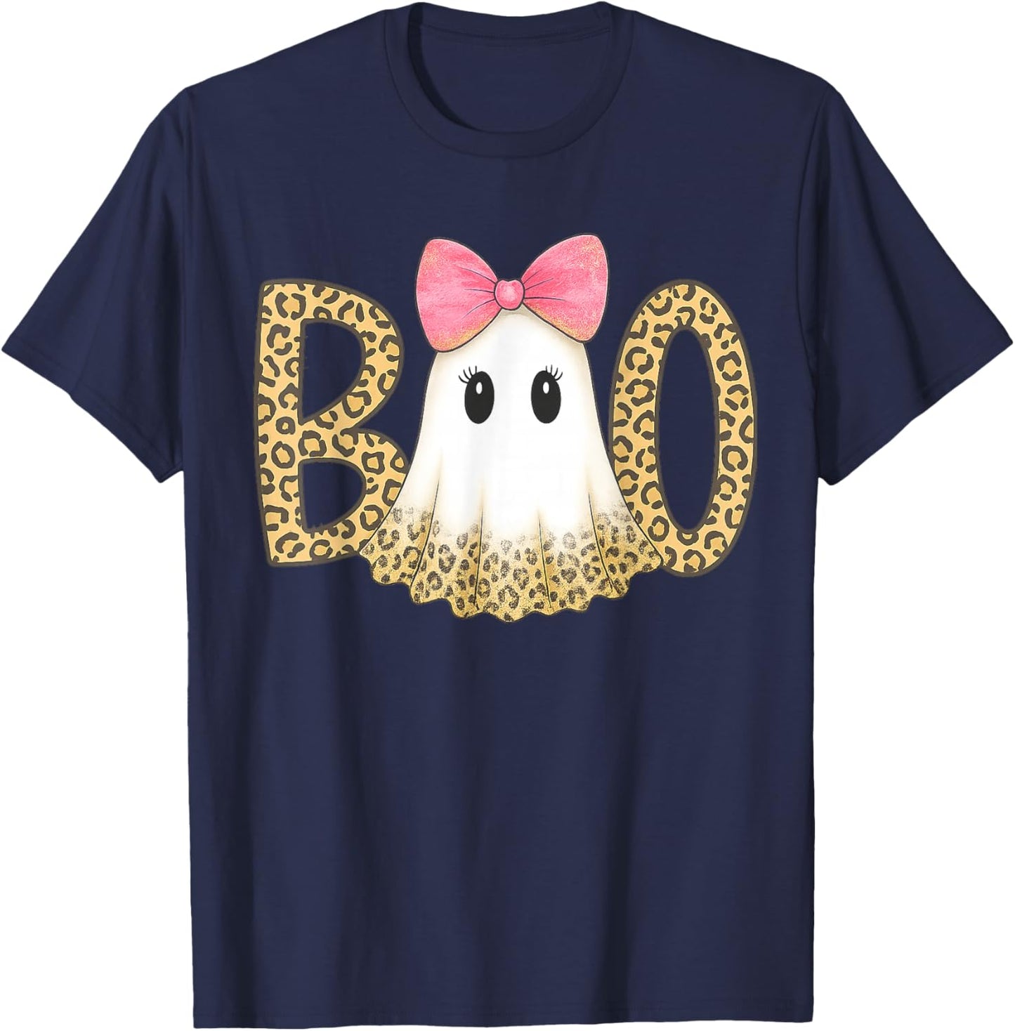 Cute Leopard Print Boo Ghost with Pink Bow Halloween T-Shirt - T-Shirt | Navy