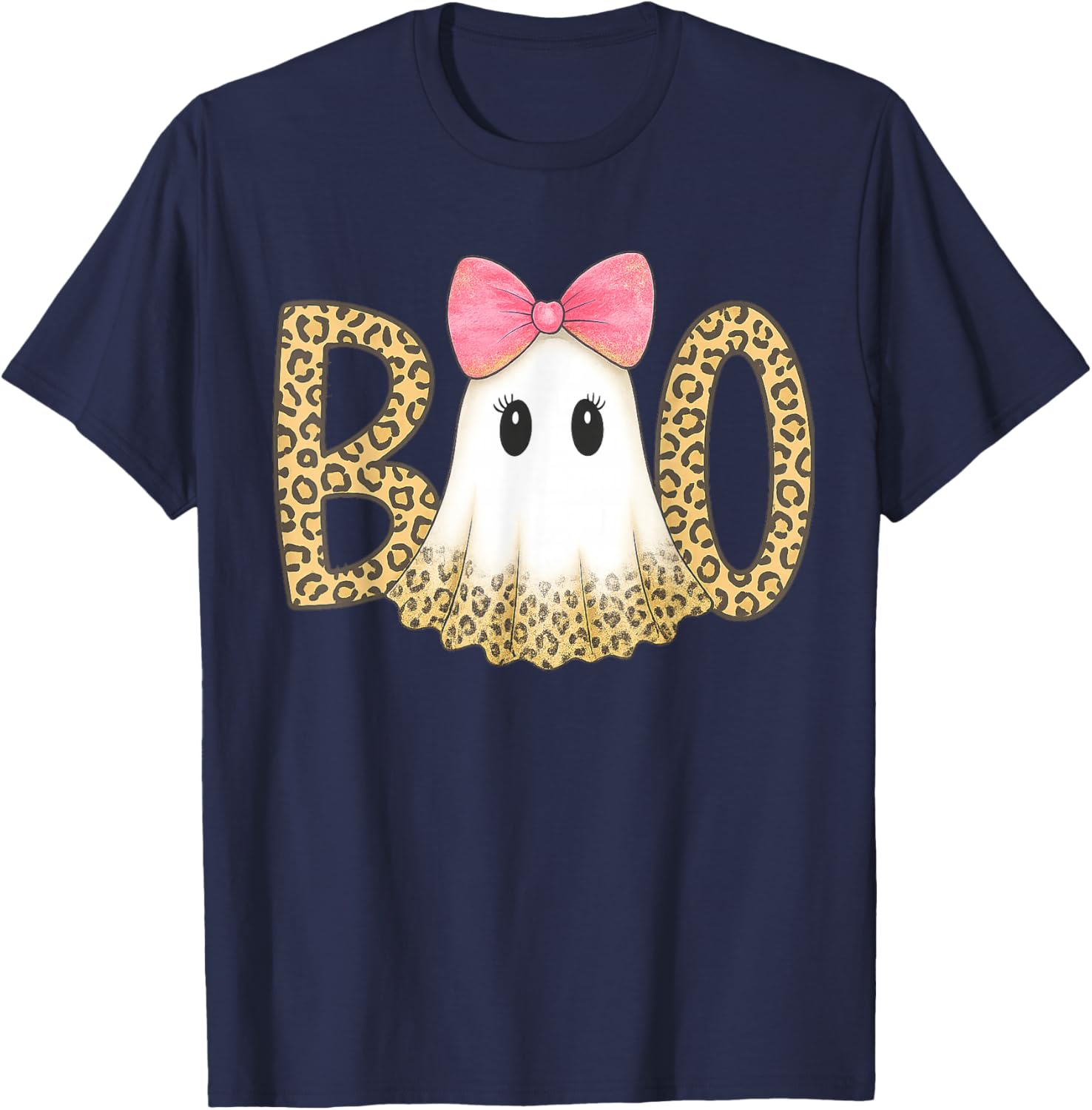 Cute Leopard Print Boo Ghost with Pink Bow Halloween T-Shirt - T-Shirt | Navy