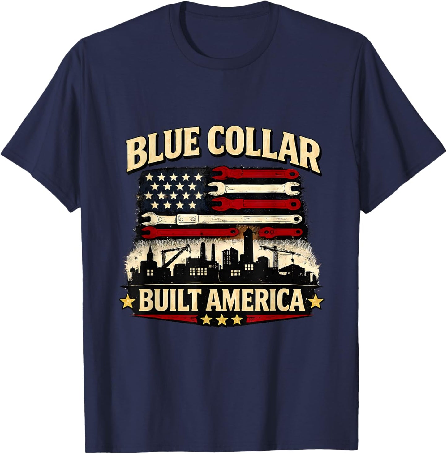Blue Collar Built America Vintage Tools and Flag Art T-Shirt - T-Shirt | Navy