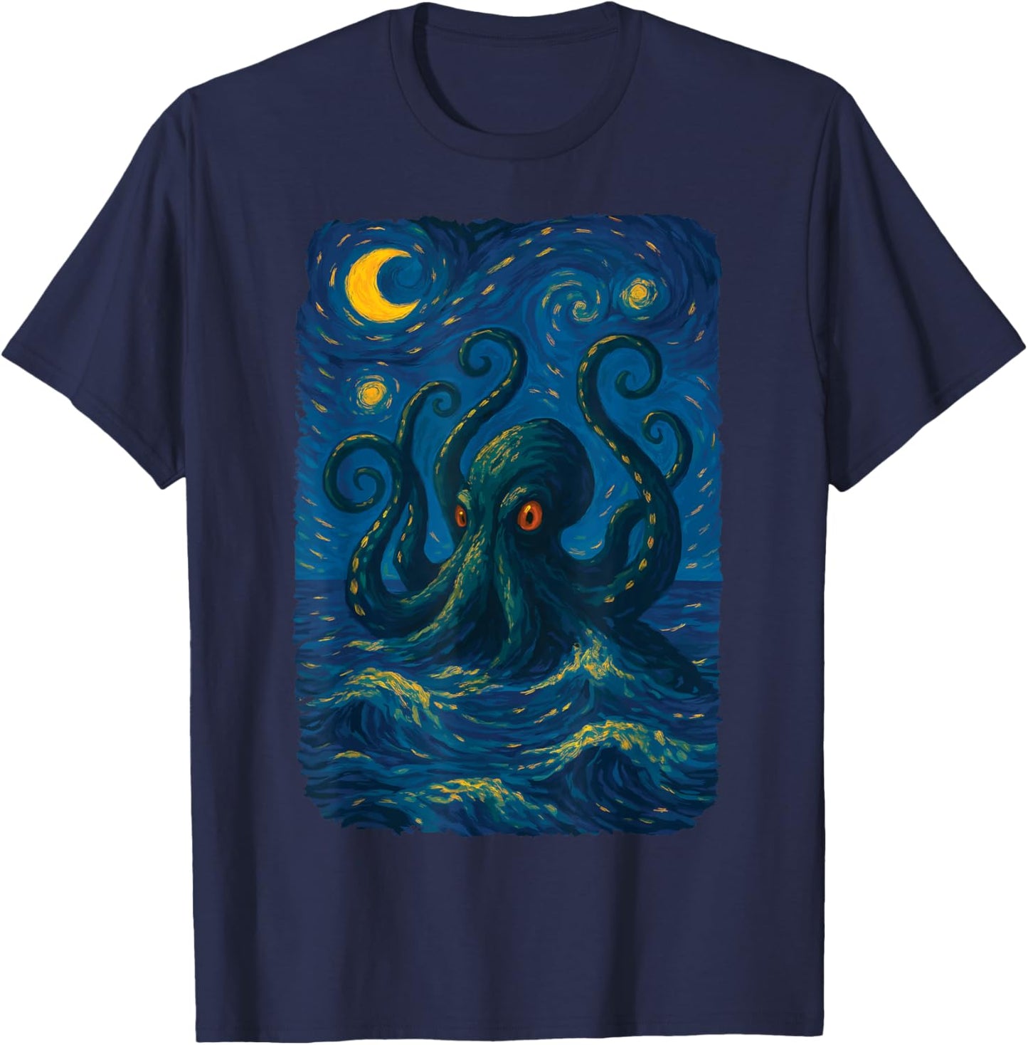 Starry Night Kraken Ocean Art Van Gogh Octopus Sea Monster T-Shirt - T-Shirt | Navy