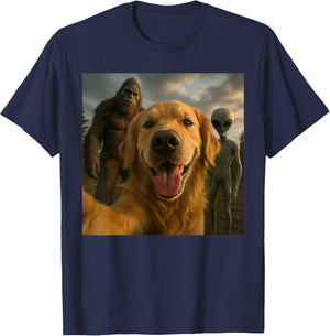 Funny Golden Retriever Dog Selfie with Alien & Bigfoot T-Shirt - T-Shirt | Navy