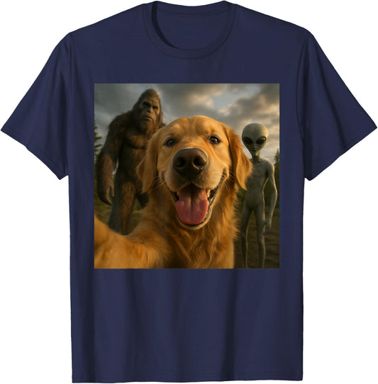 Funny Golden Retriever Dog Selfie with Alien & Bigfoot T-Shirt - T-Shirt | Navy