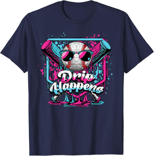Baseball Drip Happens Ice Cream Dripping Game Day Boys T-Shirt - T-Shirt | Navy