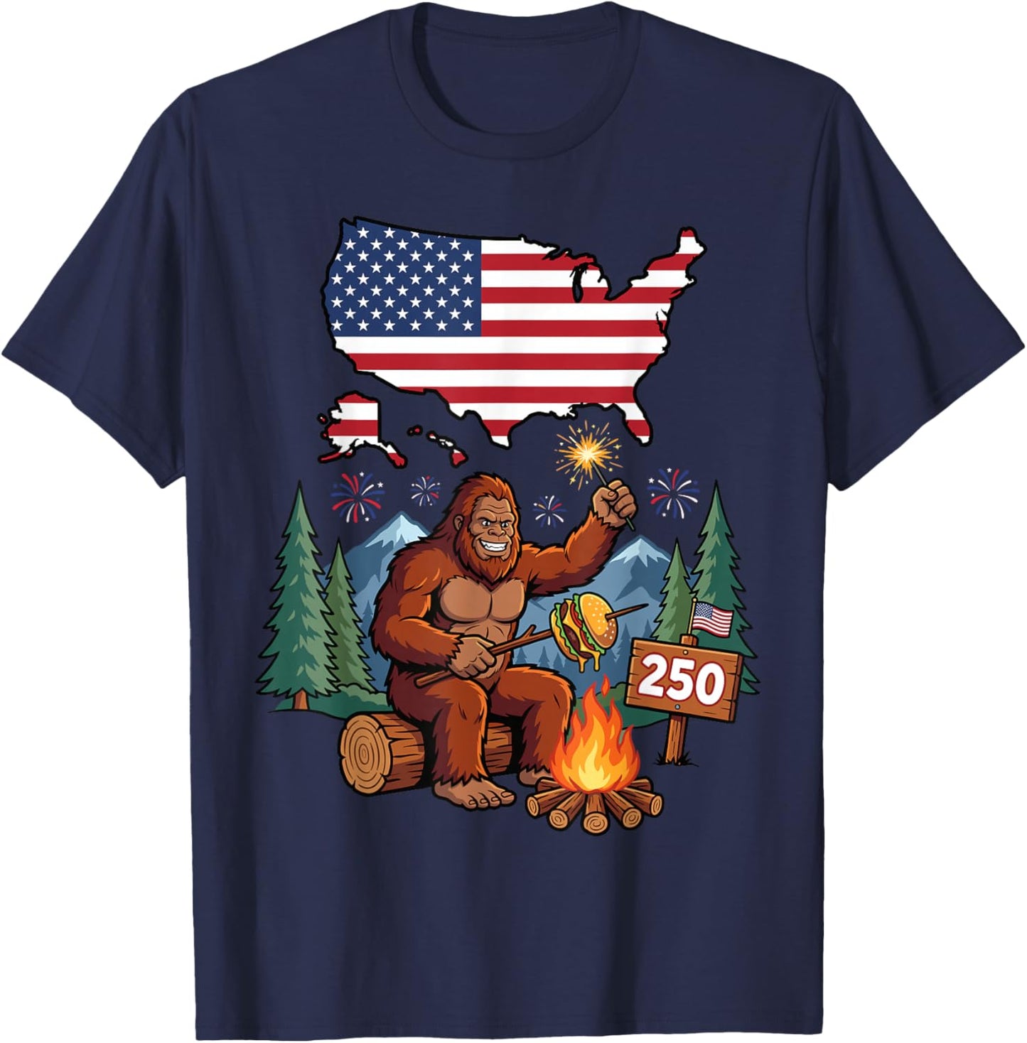 Bigfoot Campfire USA 1776 2026 Patriotic Sasquatch T-Shirt - T-Shirt | Navy