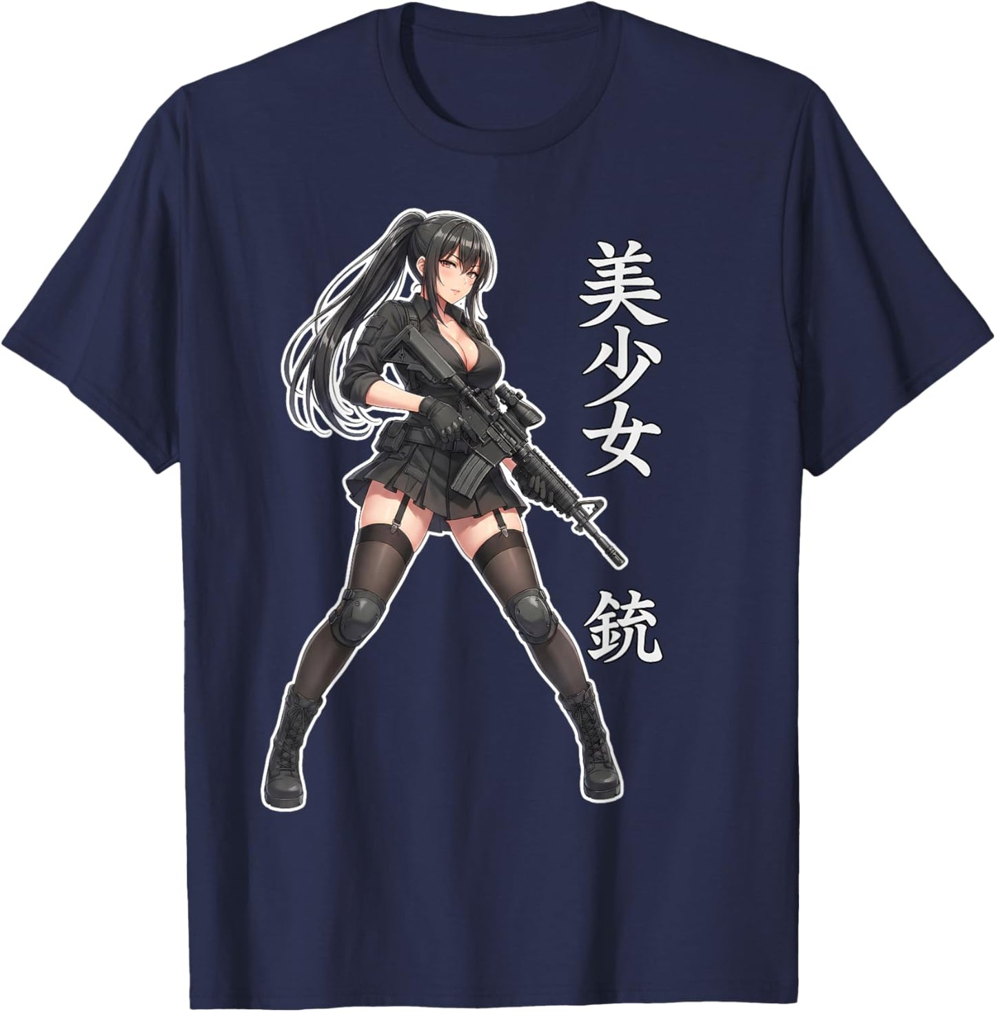 Cute Anime Waifu Girl with Gun Graphic T-Shirt - T-Shirt | Navy