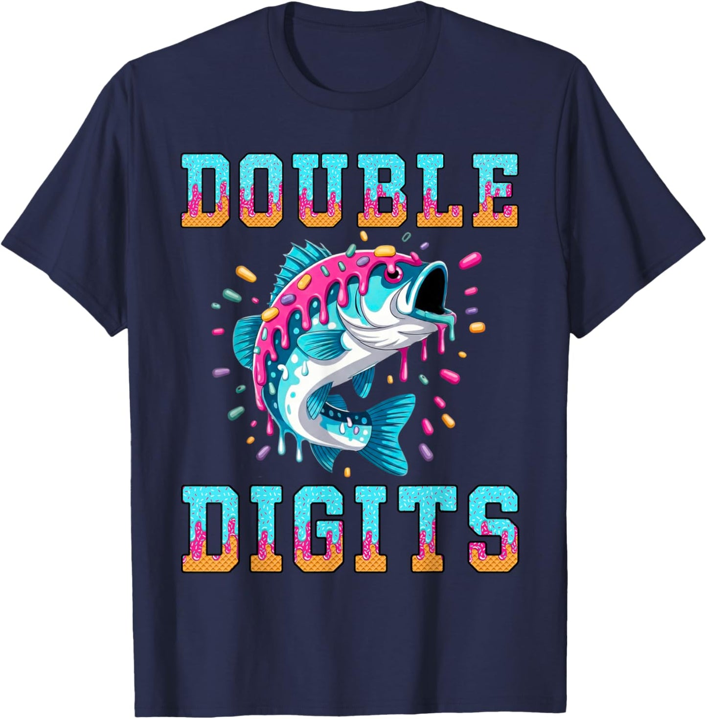 Fishing 10th Birthday Shirt Double Digits Ice Cream Drip T-Shirt - T-Shirt | Navy