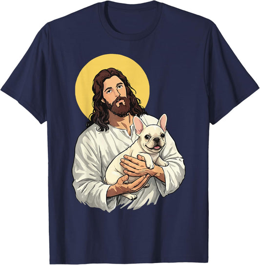 Jesus Holding French Bulldog Religious T-Shirt - T-Shirt | Navy