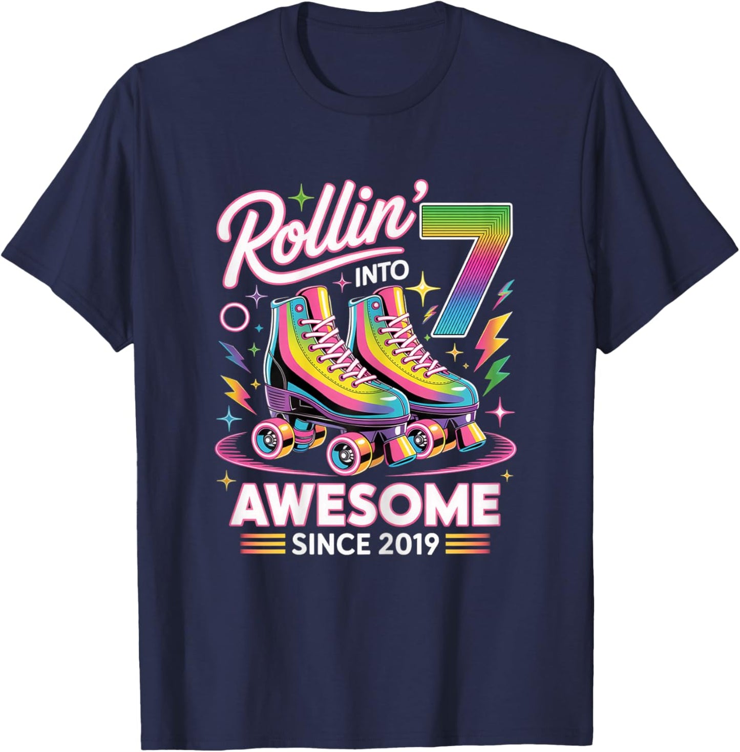7th Birthday Girl Seven 7 Year Old Roller Skate Skating T-Shirt - T-Shirt | Navy