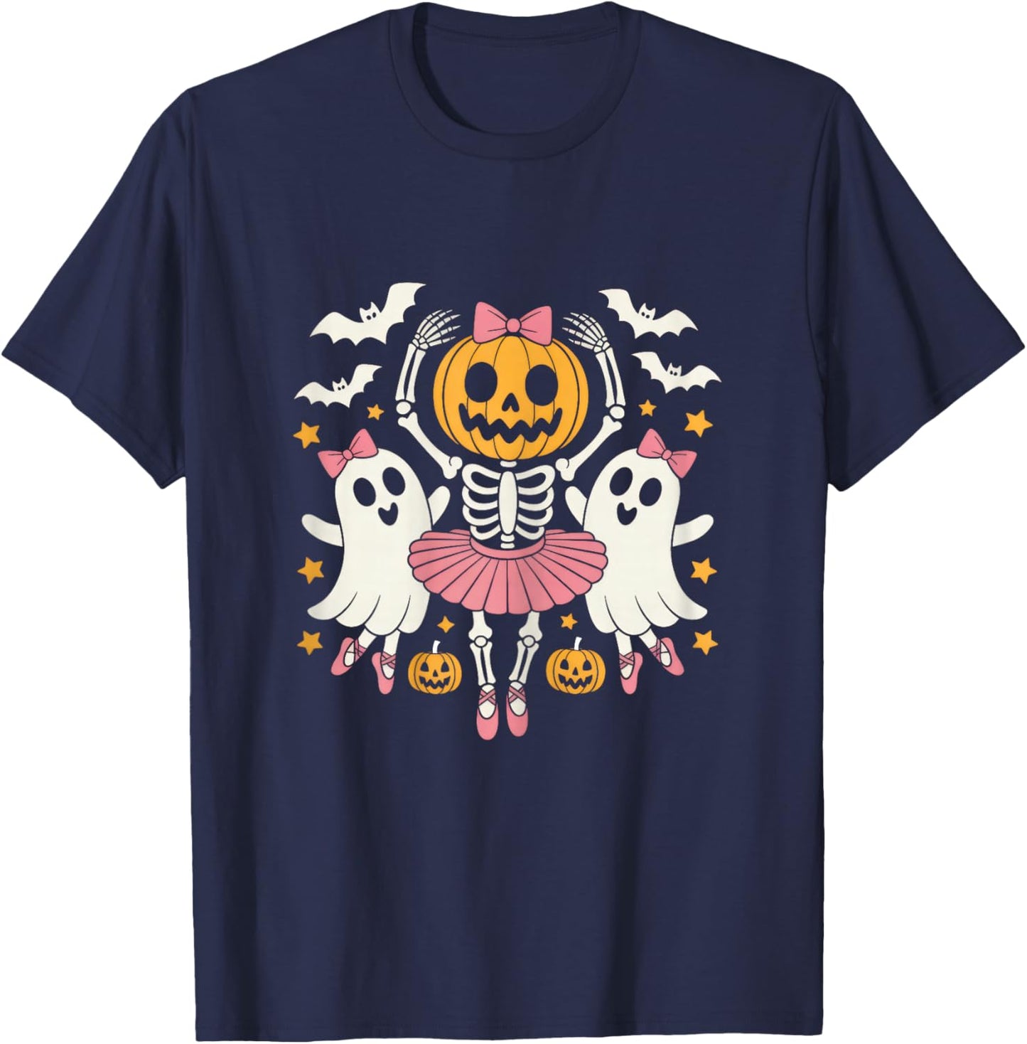 Cute Ballerina Skeleton Pumpkin Kawaii Ghost Ballet Dancer T-Shirt - T-Shirt | Navy