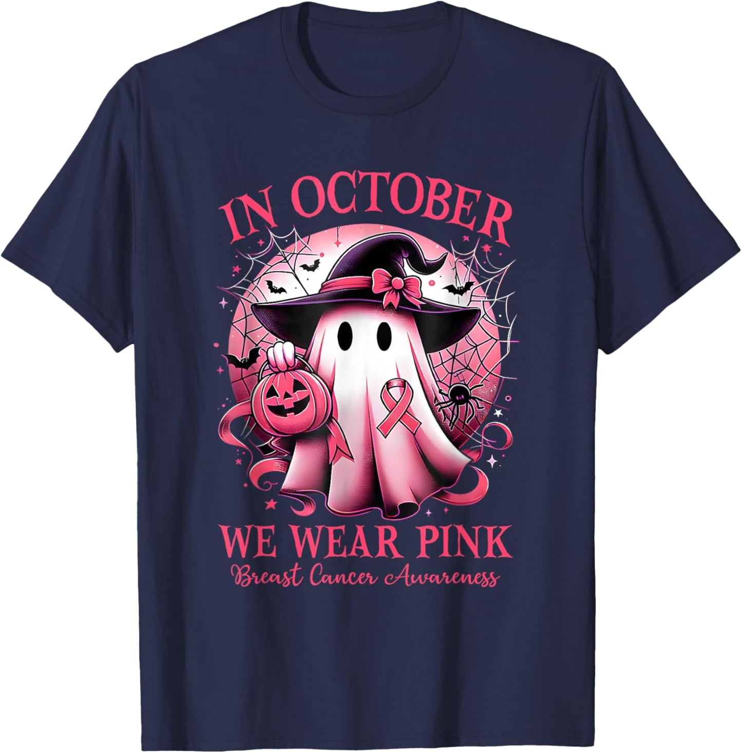 in October We Wear Pink Witch Ghost Breast Cancer T-Shirt - T-Shirt | Navy