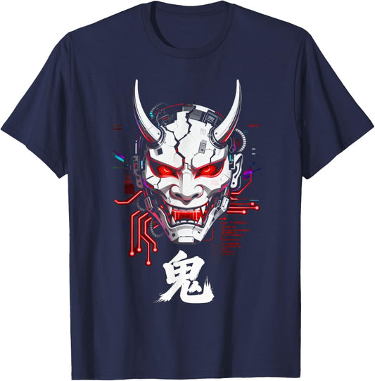 Cyberpunk Oni Mask Glitch Japanese Kanji Sci-Fi T-Shirt - T-Shirt | Navy