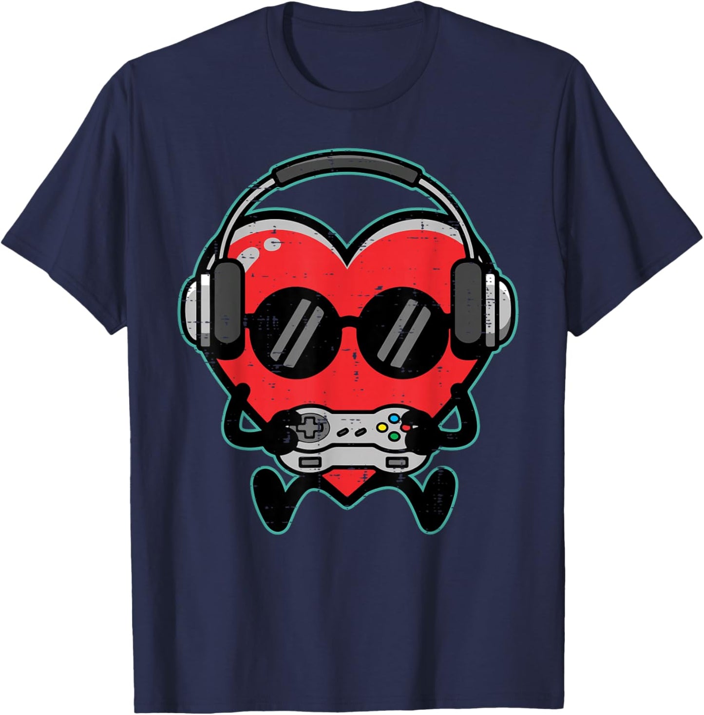 Valentines Day Gamer Heart Headphones Gaming Boys Kids Men T-Shirt - T-Shirt | Navy