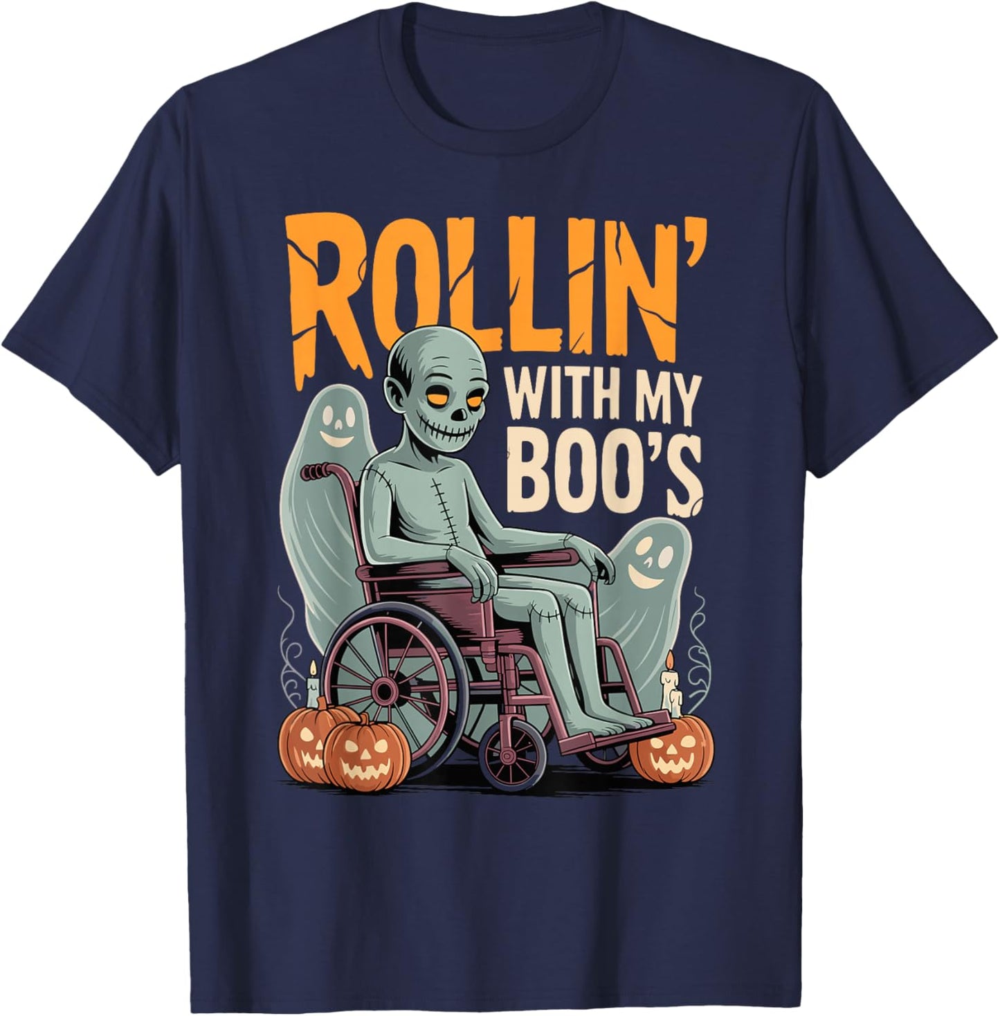 Halloween Wheelchair Costume Handicap Joke Rollin with Boo's T-Shirt - T-Shirt | Navy