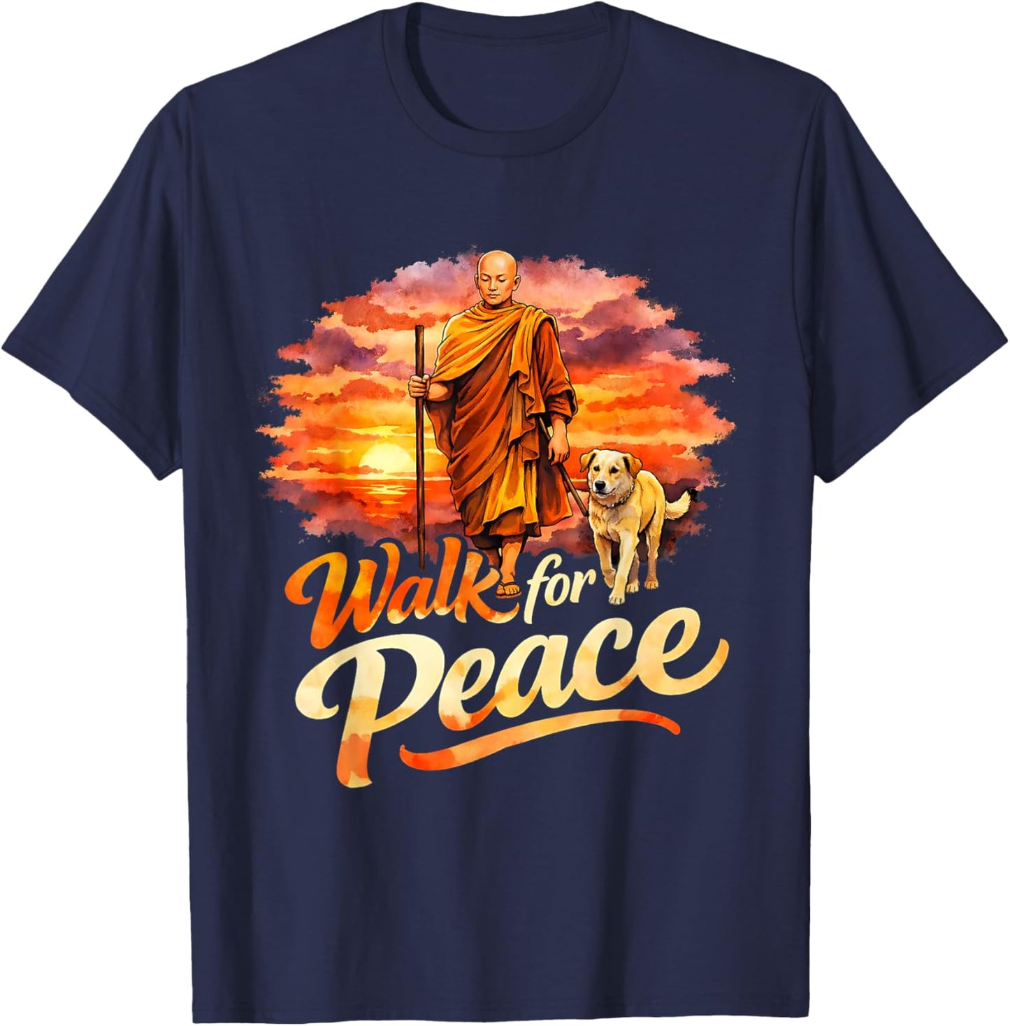 Walk for Peace Mindful Monk Spiritual Art T-Shirt - T-Shirt | Navy