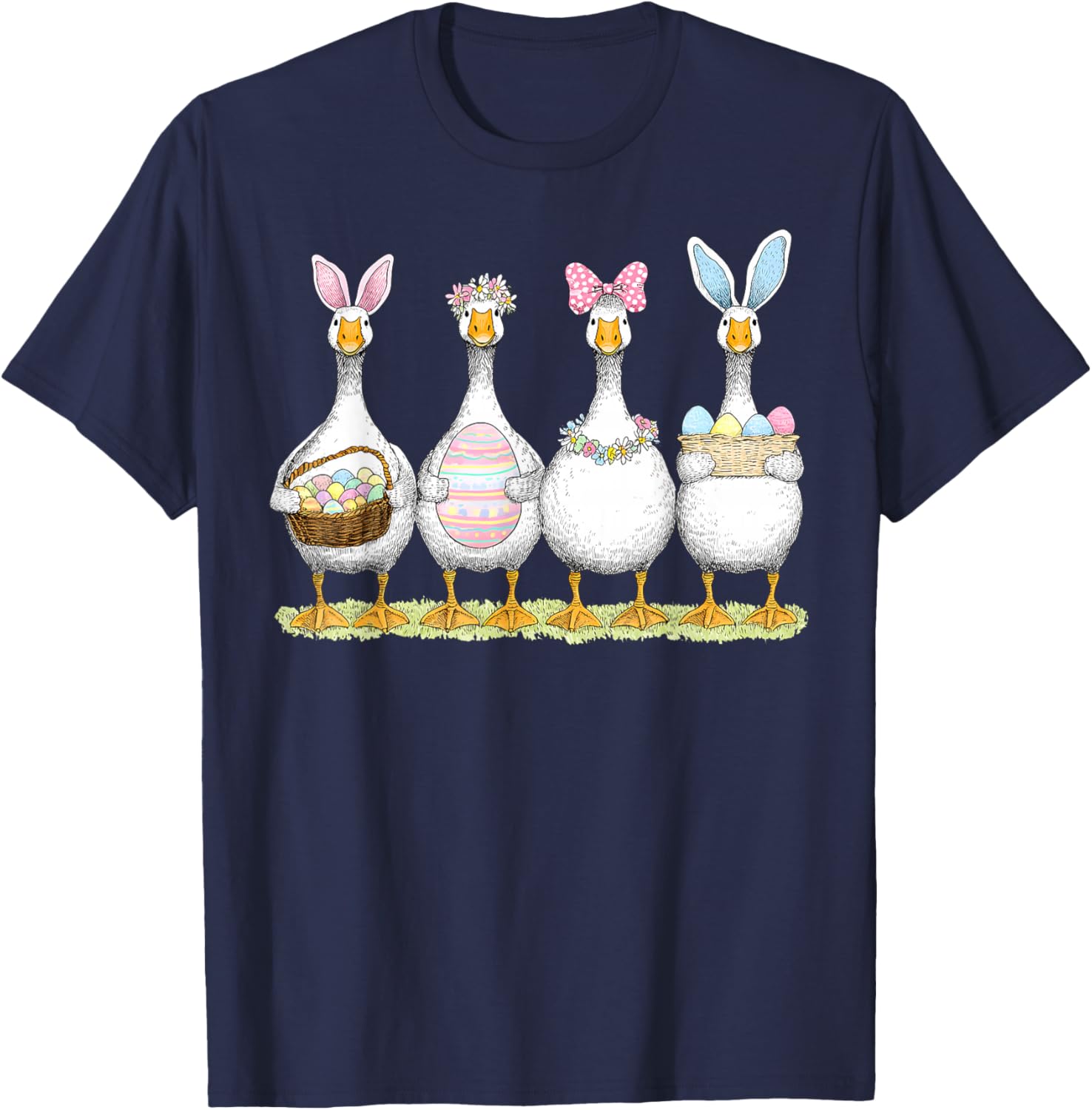 Happy Easter Cute Goose Bunny Ears Eggs Basket Girl Women T-Shirt - T-Shirt | Navy